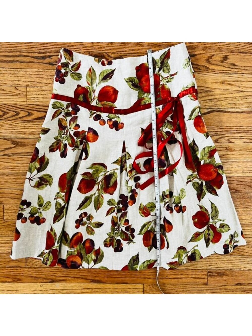 Cottagecore Fruit Print Linen Pleated Skirt Fairy Coquette Ribbon Waist Small - Picture 7 of 9
